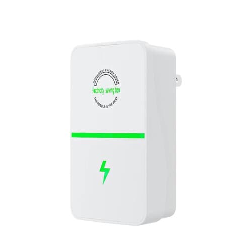 Electricity Saver, a compact white UK plug-in device with a lime-green band, lightning bolt and circular badge